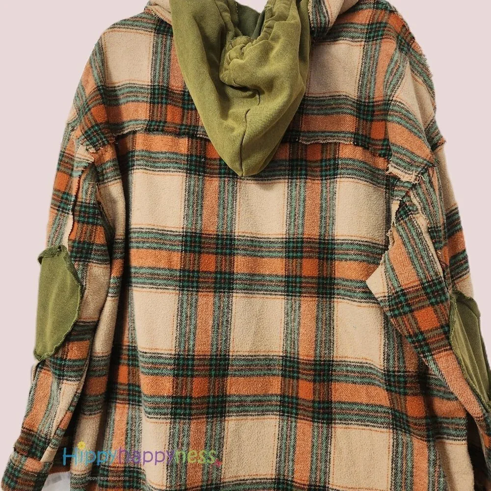 New POL Shacket Jacket Oversized Plaid Hoodie Beige Orange Green NWT - Picture 8 of 8